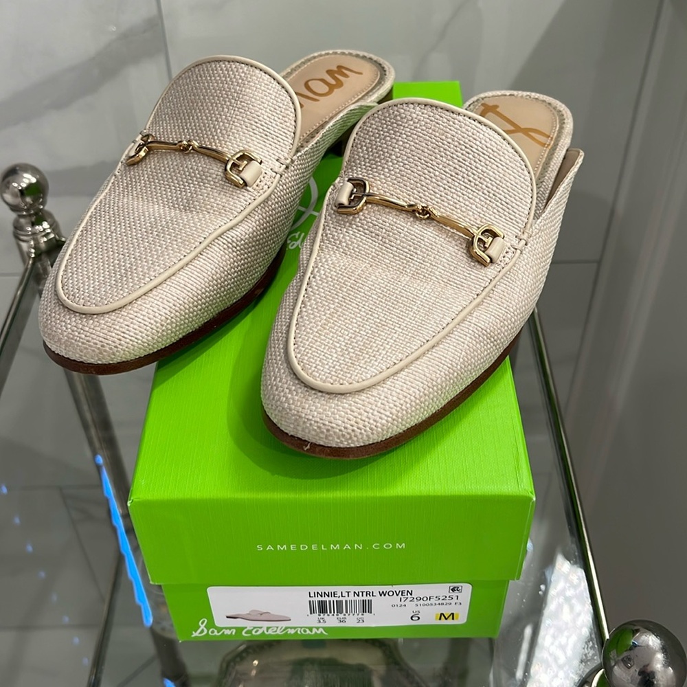 Sam Edelman Cream Woven Backless Horsebit Loafers